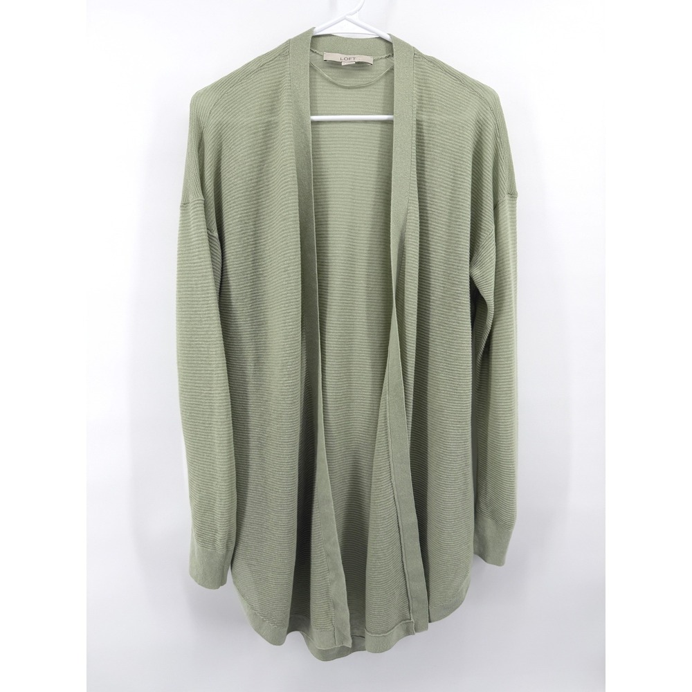 Loft Cardigan Sweater Green Open Front Linen Blend Knit Ribbed Longline Women L